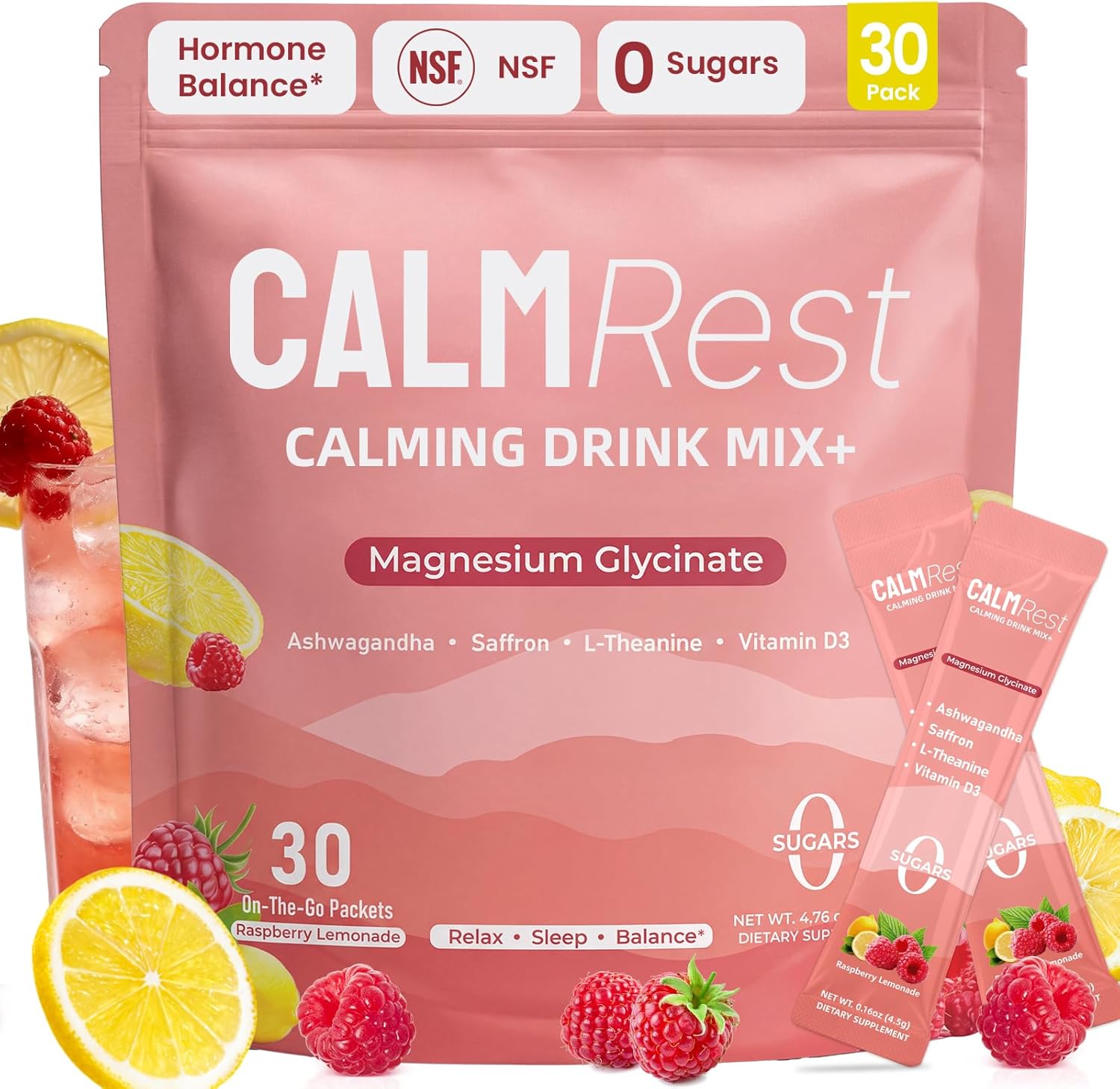 Calm Magnesium Powder Drink Mix Cortisol Supplement for Women, High Cortisol Reducer for Sleep & Relax Supports, No Sugar, Raspberry Lemonade, 30Ct