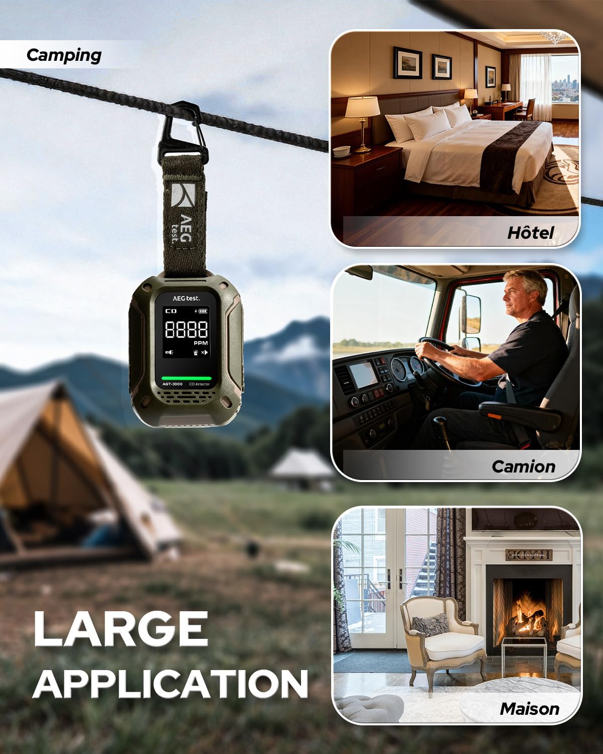 AGT-3000 Détecteur de monoxyde de Carbone Portable, Veille 240 h, capteur CO amélioré pour Voyage, détecteur CO Rechargeable avec alertes sonores et visuelles pour Camping, 0–1000 ppm
