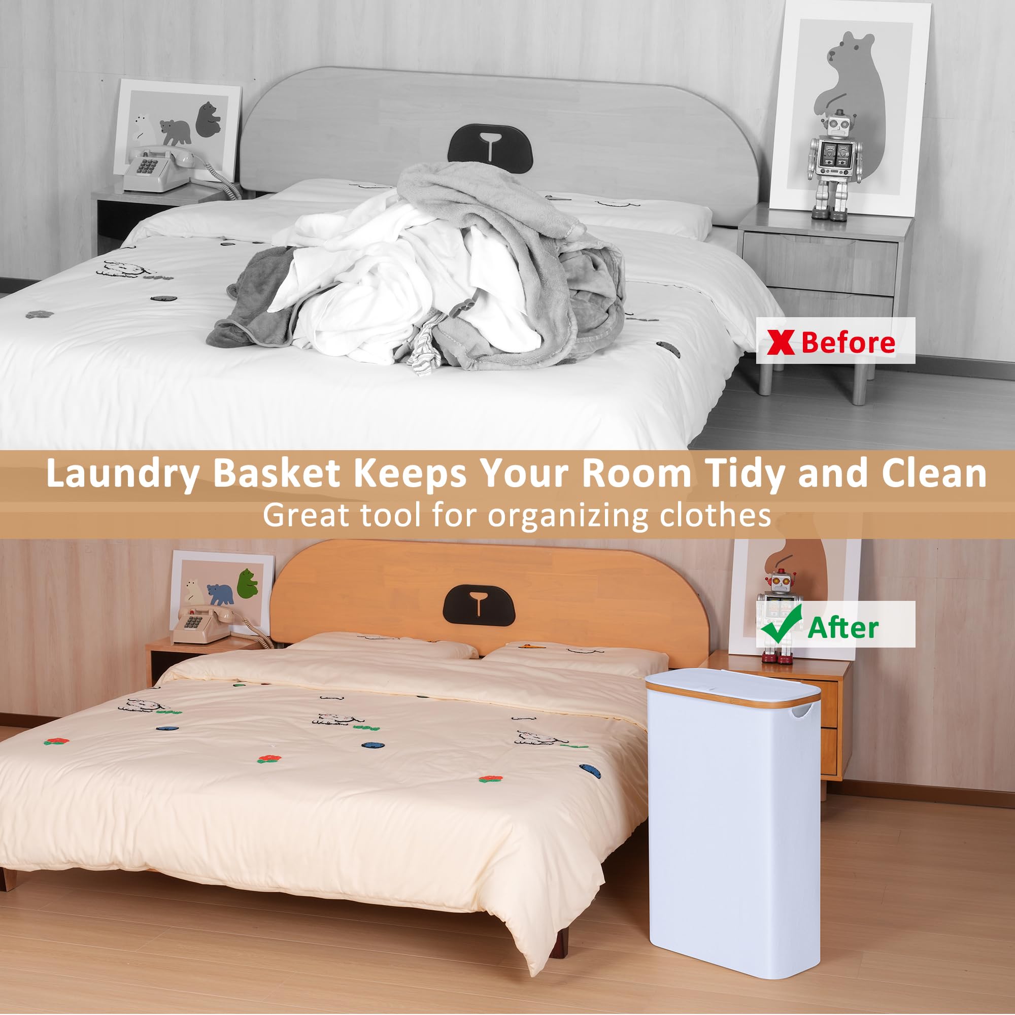 iEGrow Washing Basket for Laundry 60L Slim Laundry Basket with Removable Inner Bag, Bamboo Handles, White - Image 3