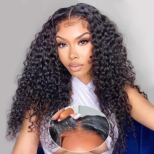 Wear and Go - Peluca de cabello humano sin pegamento, predepilada con abuelitos, densidad del 180%, pelucas de cabello humano ondulado profundo con