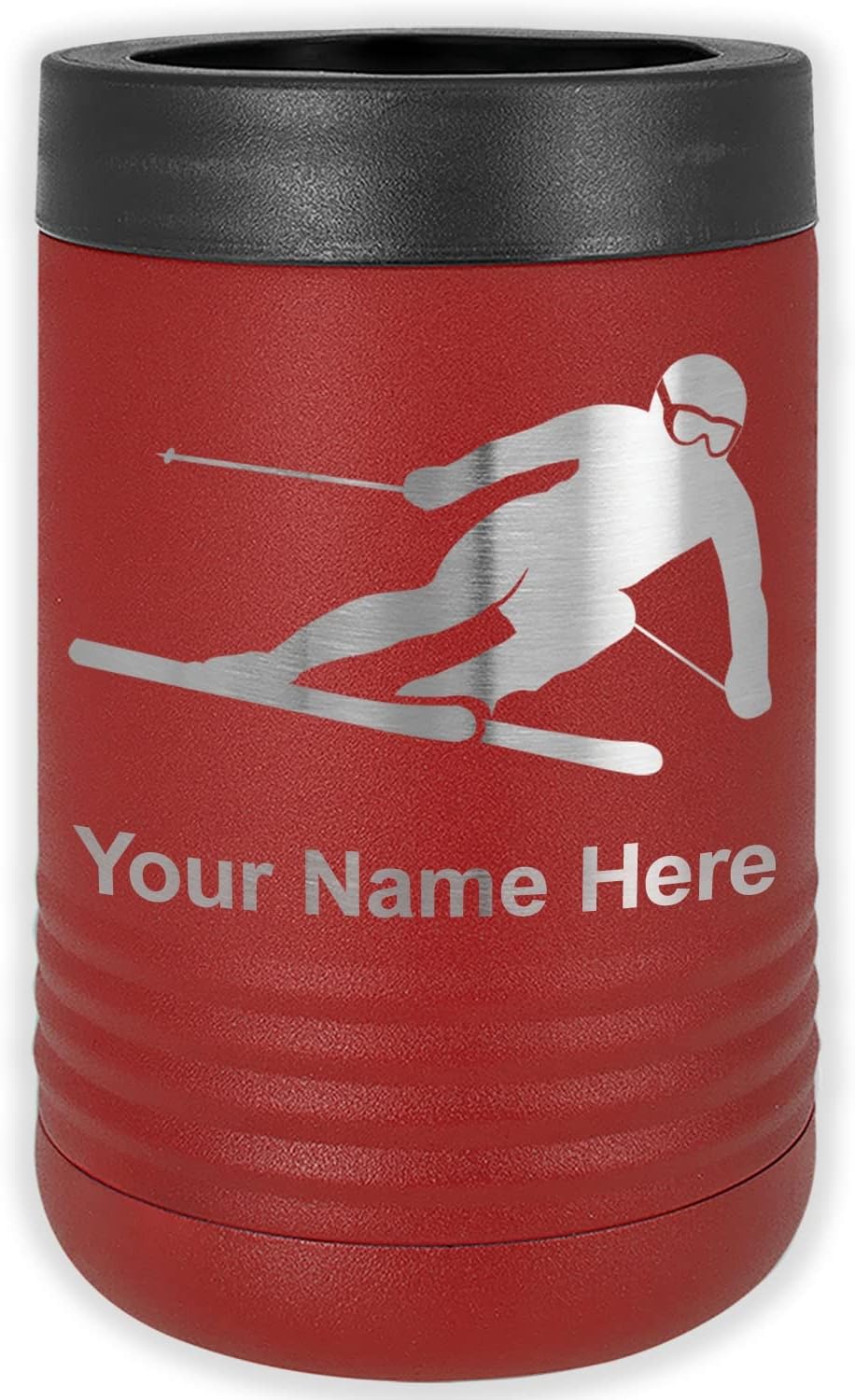 LaserGram Personalized 12 oz. Stainless Steel Can & Bottle Insulator, Skier Downhill – Keeps Drinks Cold Longer (White)