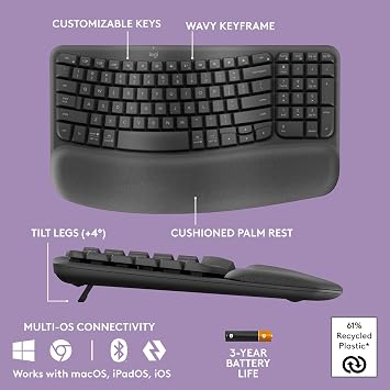 Logitech Wave Keys Wireless Ergonomic Keyboard with Cushioned Palm Rest