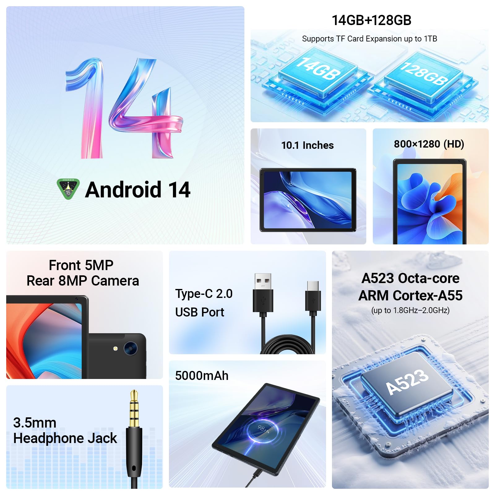 Android 14 Tablet 10 Pulgadas, 14GB +128GB+1TB, WiFi6/BT5.2/5000mAh, 8+5MP/1280 * 800/Widevine L1, Tablet PC con Stylus, Funda Protectora, Ratón Inalámbrico, Auriculares, Teclado Bluetooth