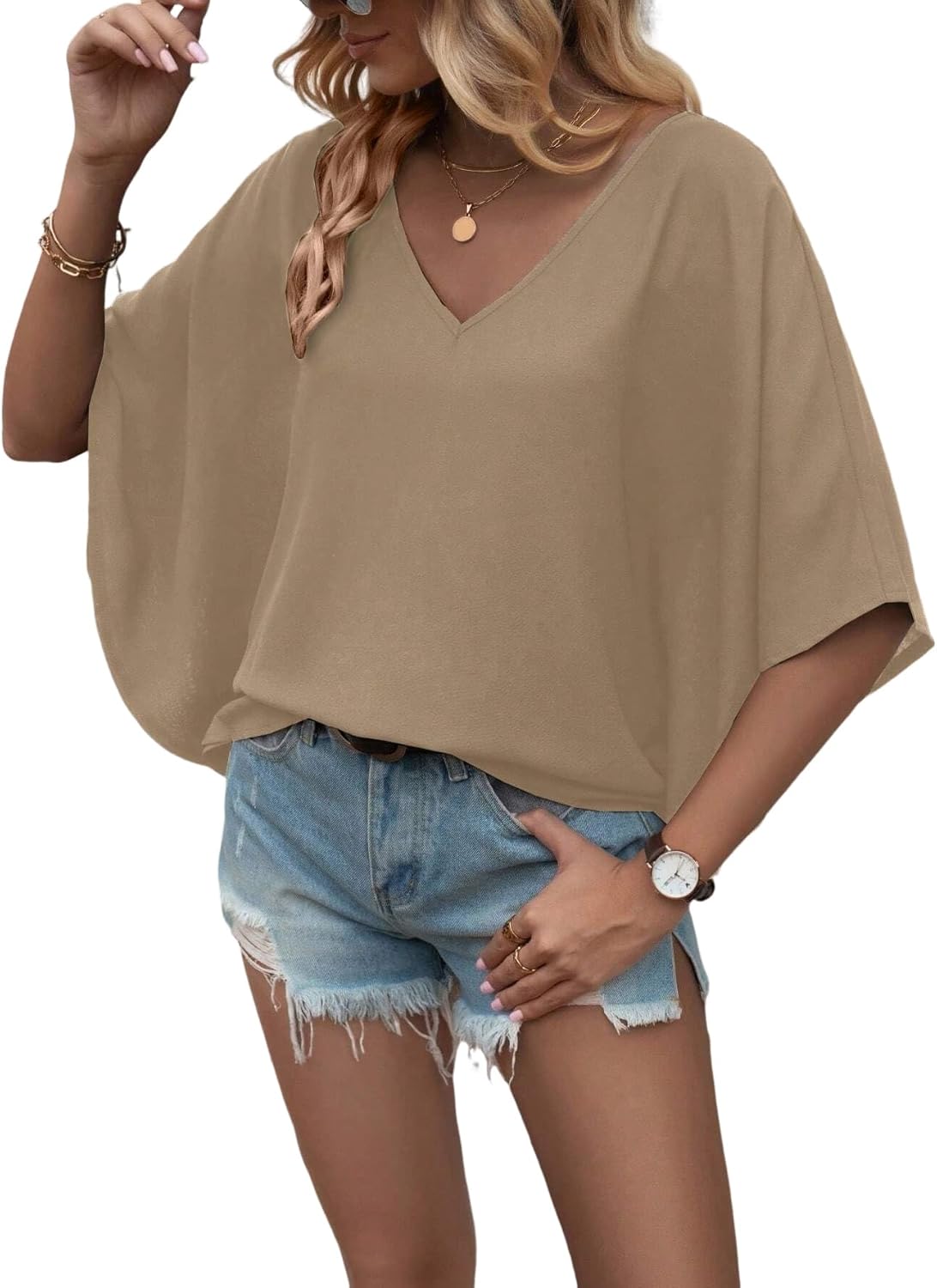 Urchics Chiffon Batwing Tops for Women Short Sleeve V Neck Blouse Tops V-Neck Casual Loose Summer Top Shirts