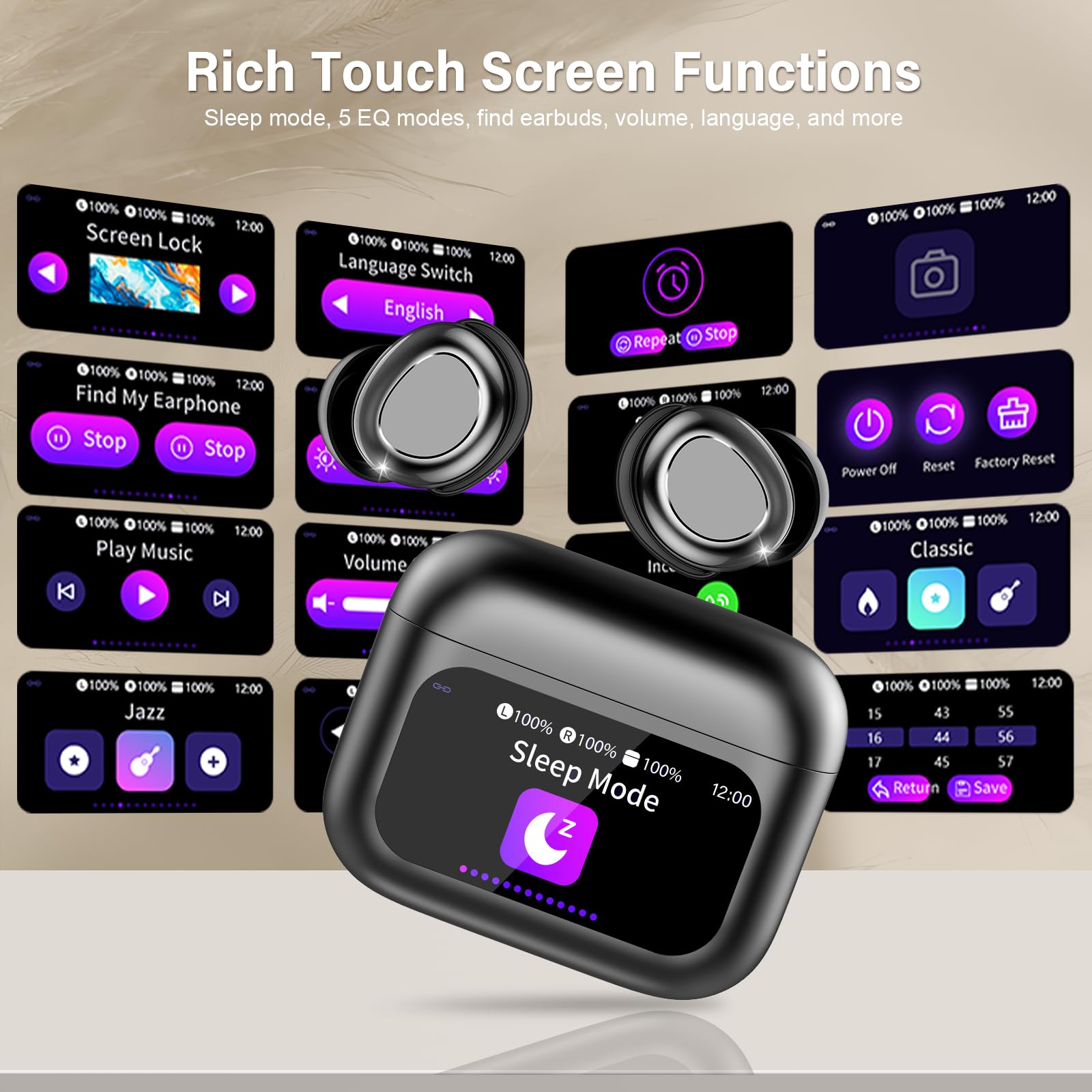 ZYHKON Bluetooth Kopfhörer, Bluetooth 5.4 Schlafkopfhörer In Ear mit Touchscreen, 48H Spielzeit Mini Kopfhörer mit HiFi Sound/5 EQ-Modi/ENC Noise Cancelling, Wireless Ohrhörer für Seitenschläfer
