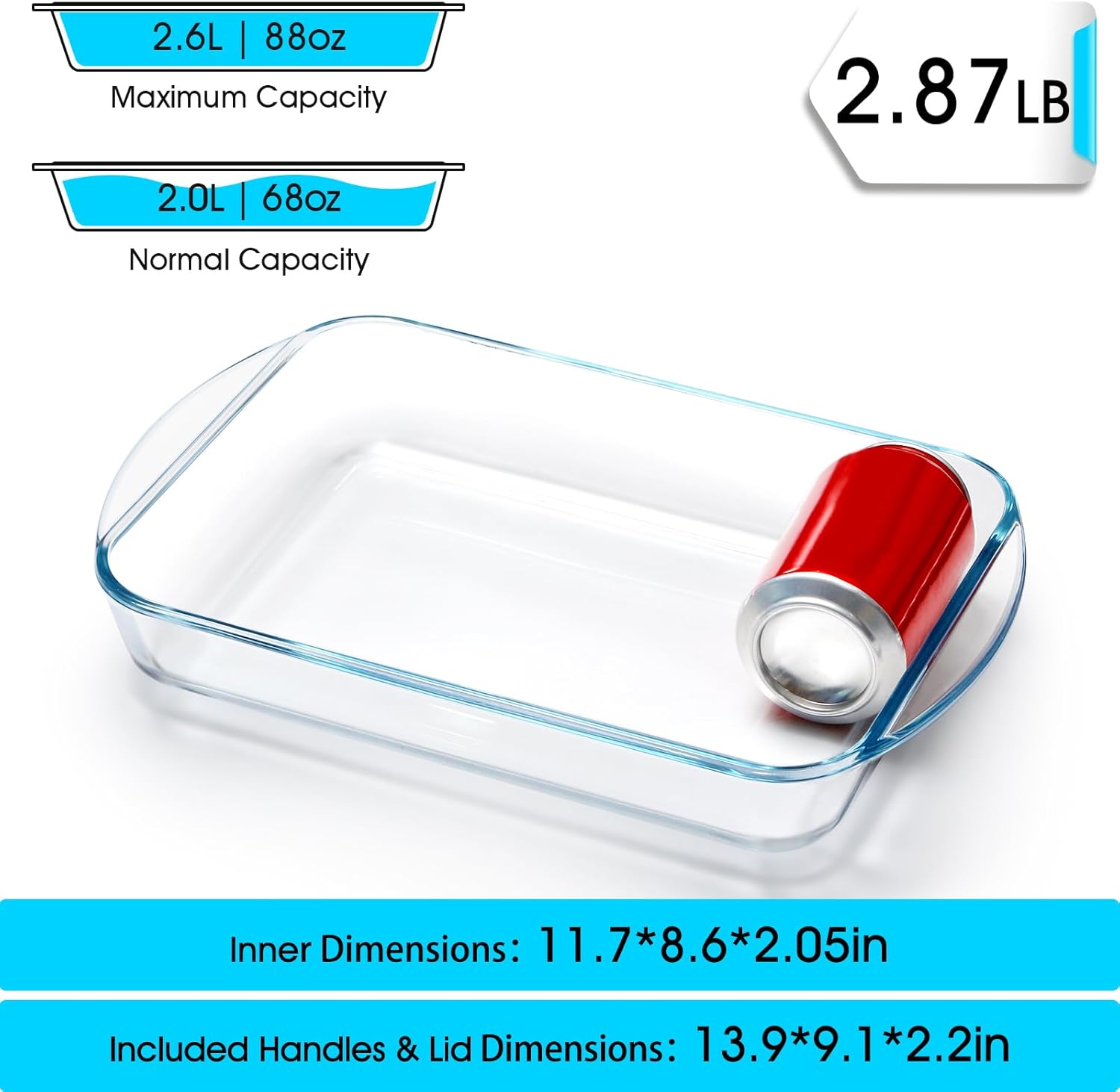 NUTRIUPS 2.6 Quart Glass Baking Dish, 8x12x2.2'', Rectangular Baking Dishes for Oven, Tempered Glass Casserole Dish