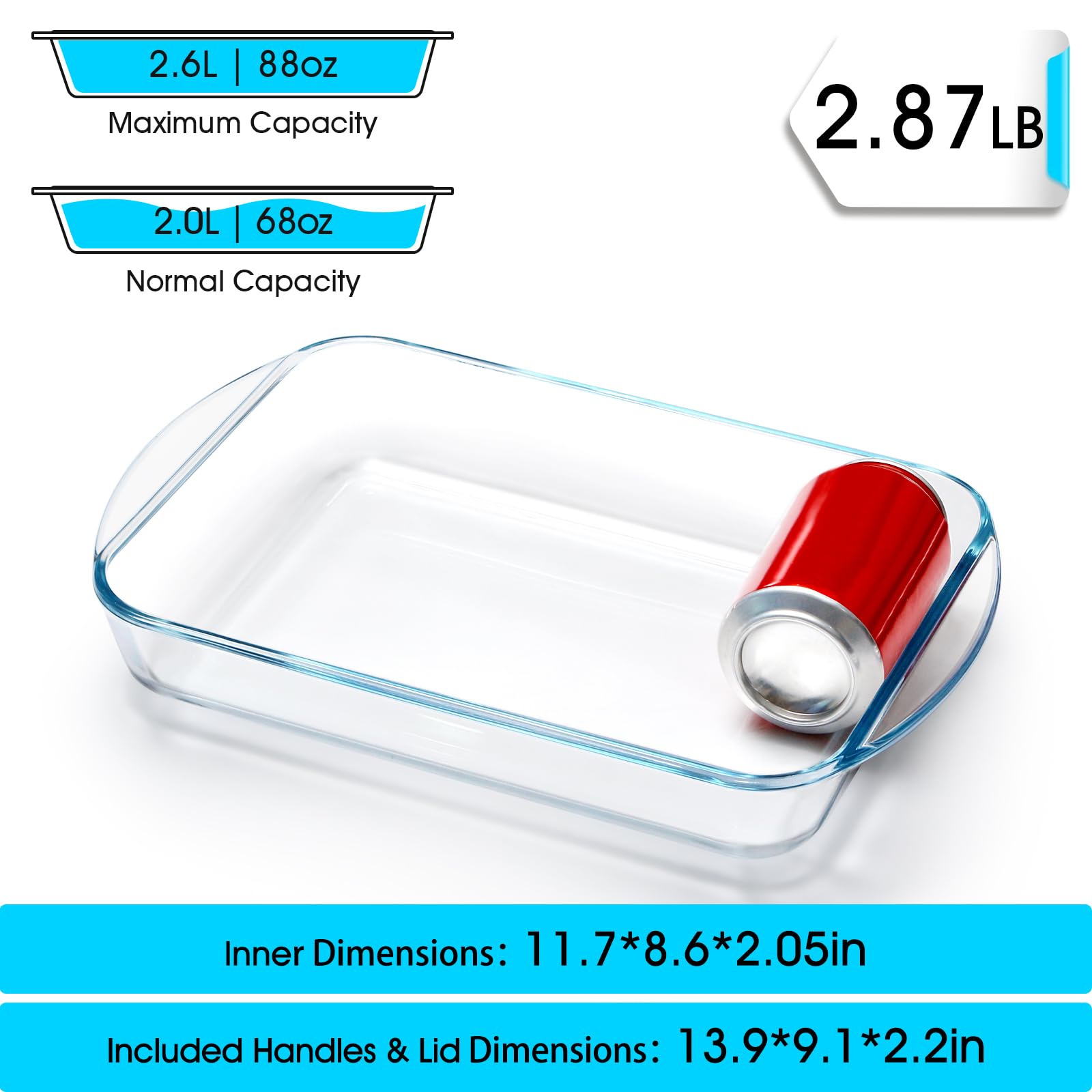 NUTRIUPS Platos para hornear para horno, plato de vidrio de 2.6 cuartos de galón, cacerola rectangular de vidrio para cocinar de 11.7 x 8.6 pulgadas
