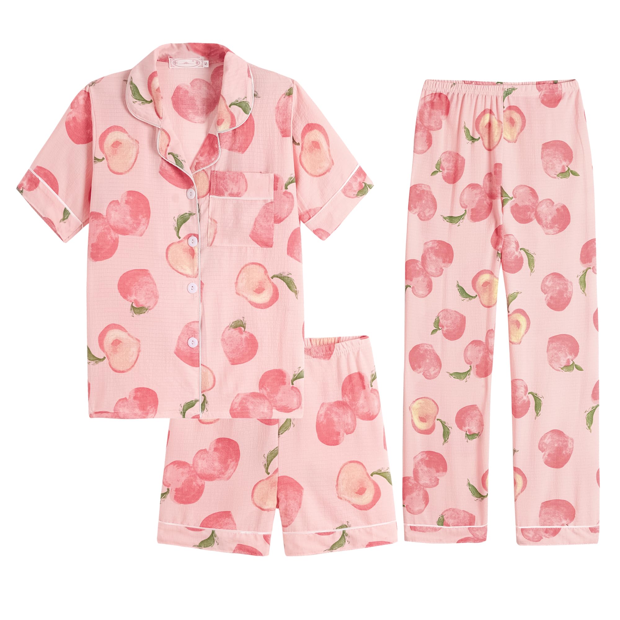 Hupohoi Big Girls Button Down Pajama Set 3pcs Crepe Fabric Sleepwear Nighty