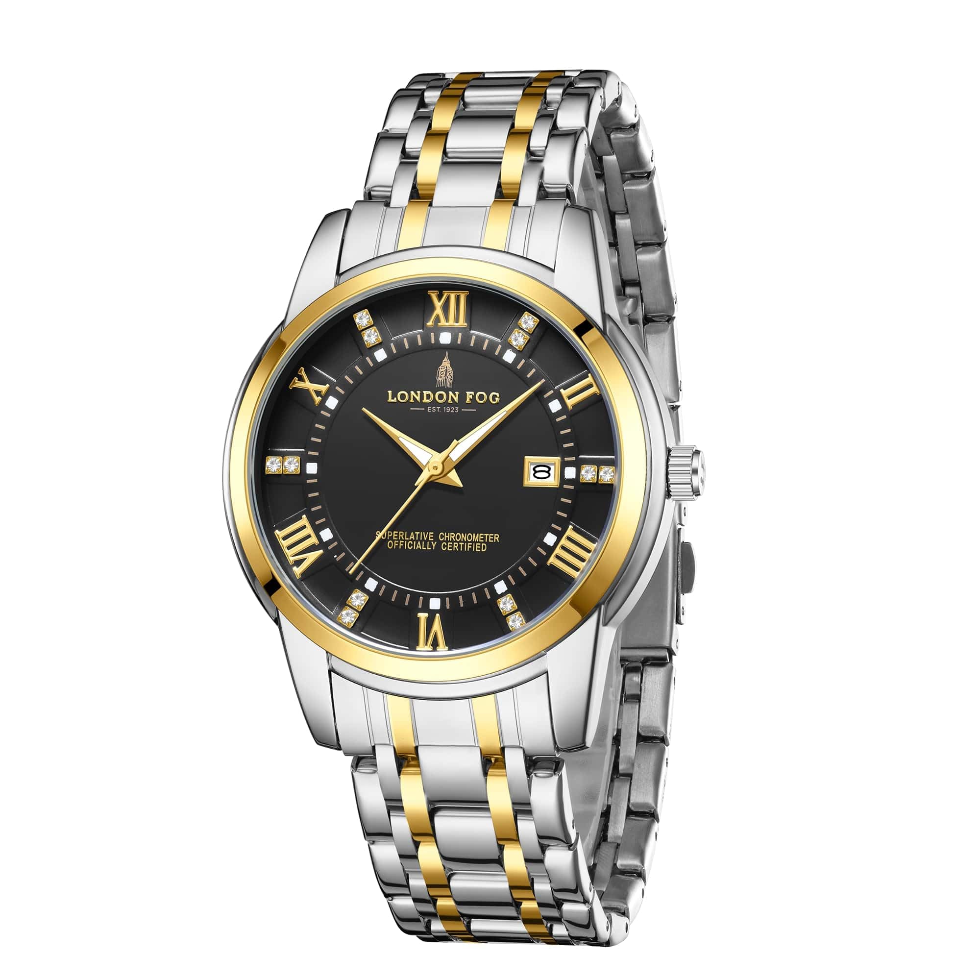 London Fog Regent Collection Analog Quartz Watch for Men with Black Dial and Two Tone Silver Gold Stainless Steel Strap, Metal Case, Date Display, Luminous Hands & Hour Markers, Water Resistant
