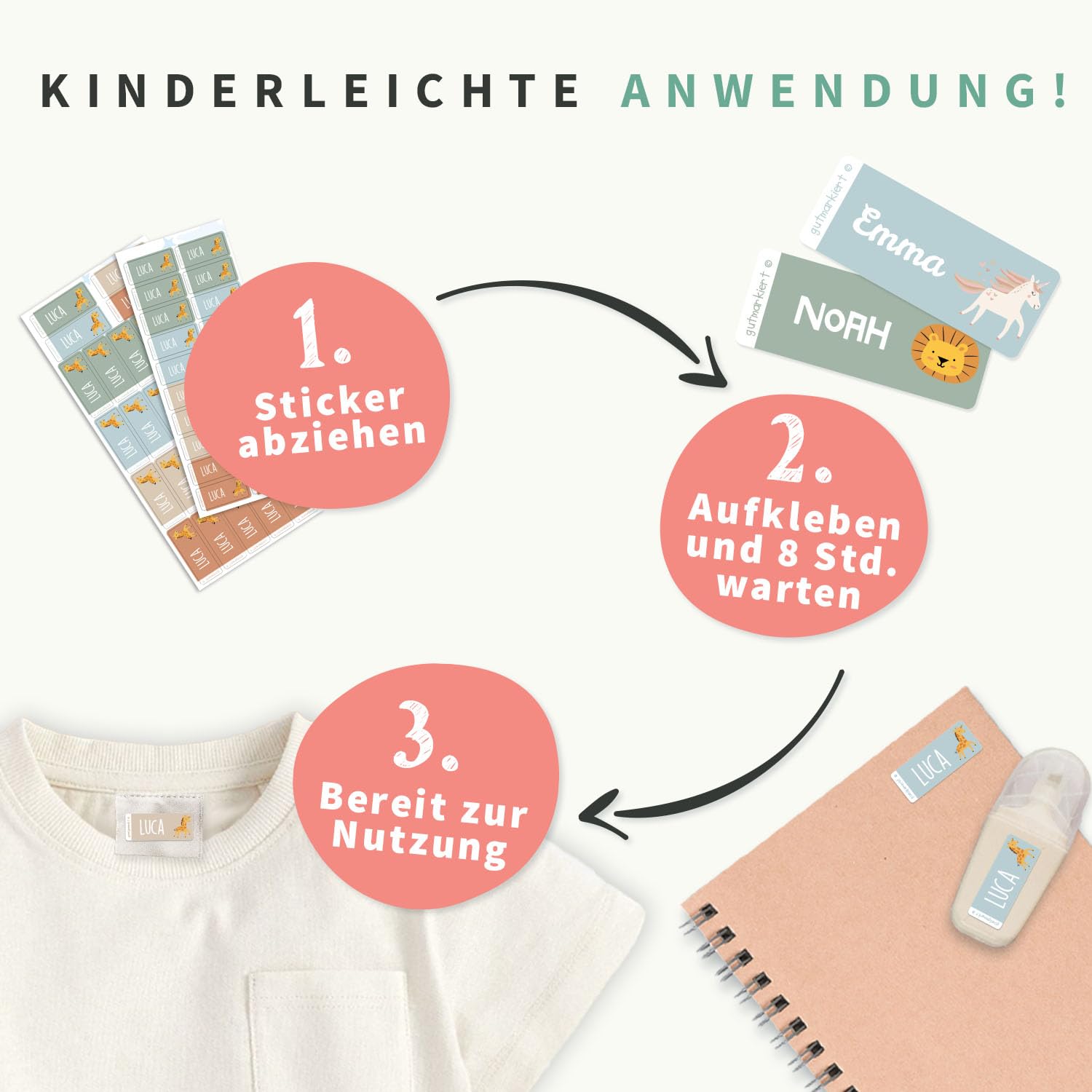 Gutmarkiert Namensaufkleber-Set personalisierbar - Stifte Bücher Kleidung