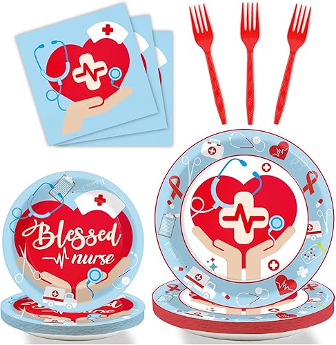 Decoraciones de fiesta de graduación de enfermera, médico, suministros de fiesta de graduación de enfermería, juego de vajilla para 24 invitados,