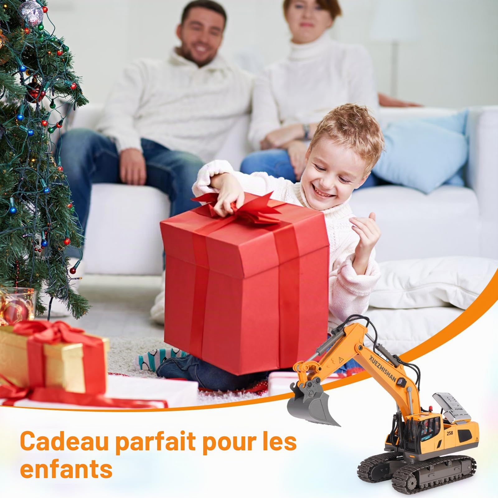 Excavatrice télécommandée jouet RC 2,4 GHz, 11 canaux, télécommande avec pelle en alliage de fer, 2 piles avec lumière et musique