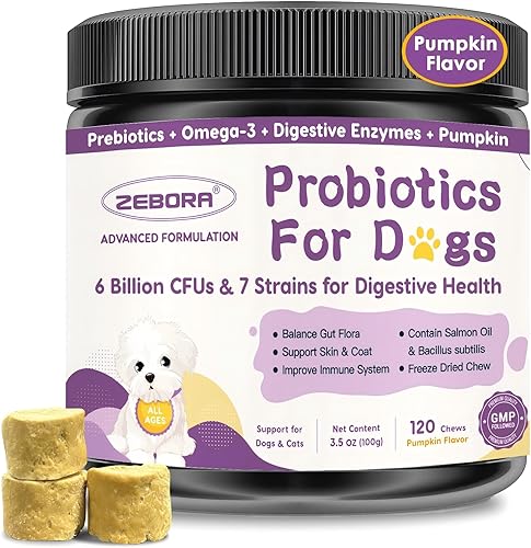 ZEBORA Probióticos para perros, probióticos para perros para la salud digestiva, con calabaza, enzimas digestivas, omega-3, apoyo intestinal, salud