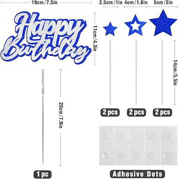 Happy Birthday Cake Topper Silver Blue Glitter Cake Decoration