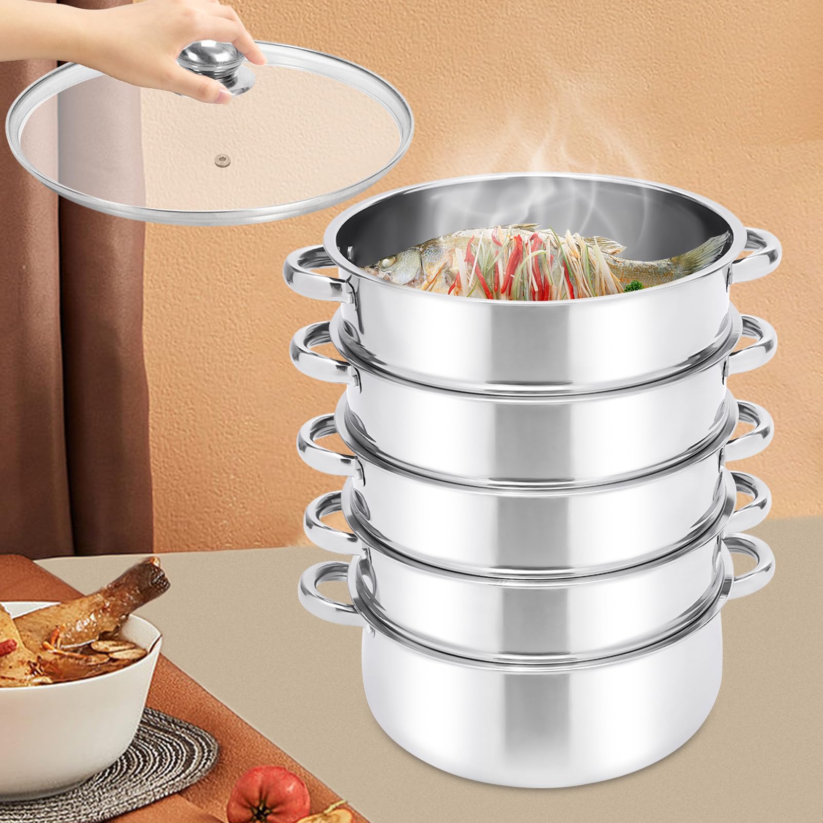 5-Etagen Edelstahl Dampfgarer Topf, 28cm Dampftopf Dampfkocher, Manti-Topf Mantowarka Dampfkocher Gardampftopf Dampfkochtopf, Edelstahl