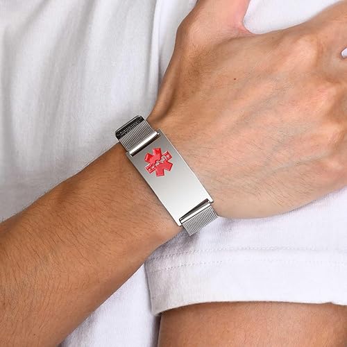 Miniatura 2 de Pulseras personalizadas de alerta médica para hombres, mujeres y niños, grabado gratuito, malla de acero inoxidable ajustable, pulsera de