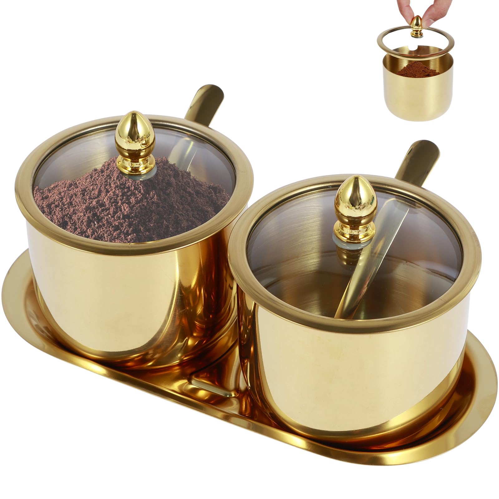 Qinglang Gold Stainless Steel Sugar Bowl Set With Glass Lid Spoon And Tray Rustproof Bowl Spice Jars Seasoning Box Round Condiment Pots Seasoning Jar Kitchen Spice Container Canister For Salt Candy(Golden)