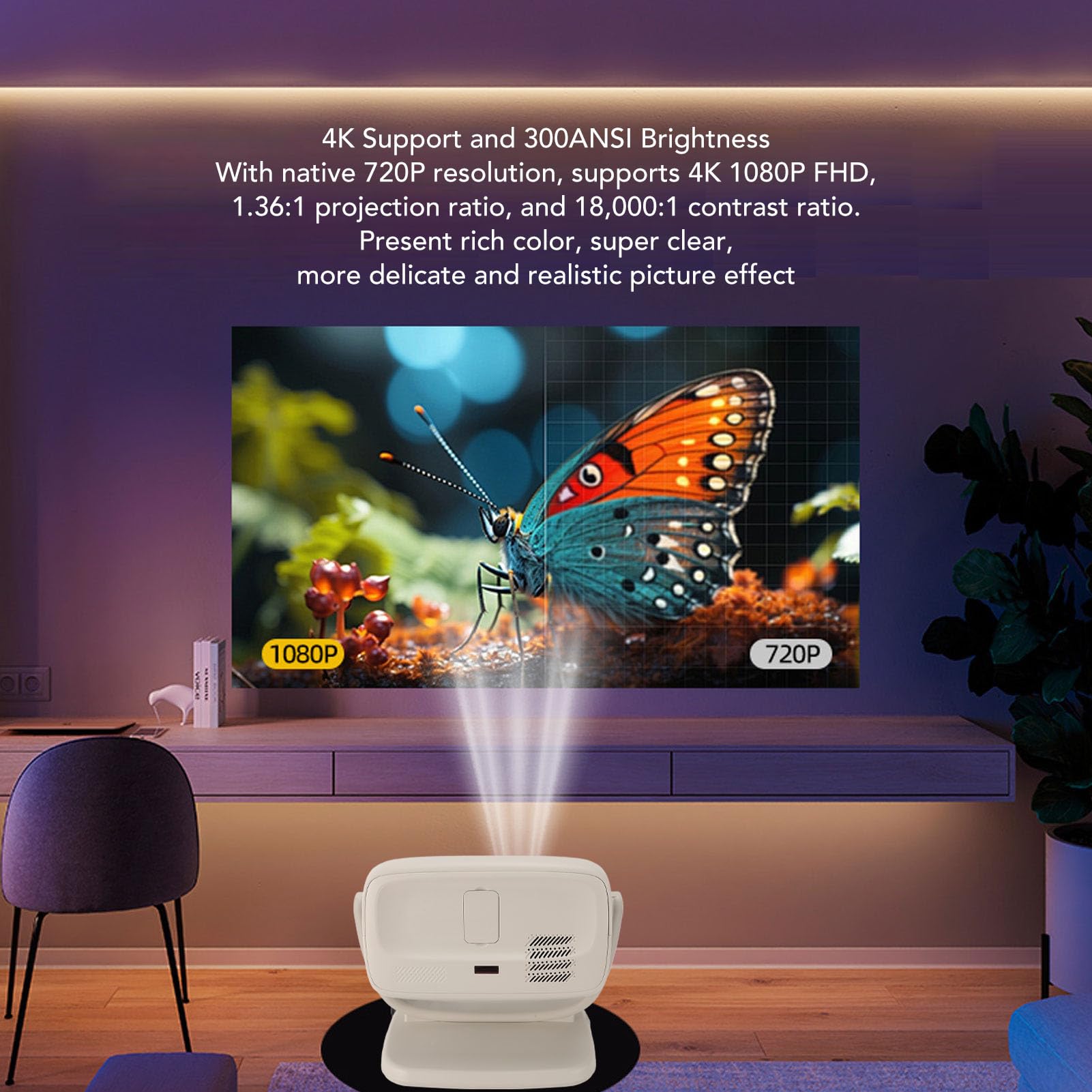 Mini Proiettore, Videoproiettore Portatile 4K Ruotabile 180° con Bluetooth 5.3, Messa Fuoco Elettronica, Correzione Automatica, Piccolo Proiettore Home Theater per Film (Spina