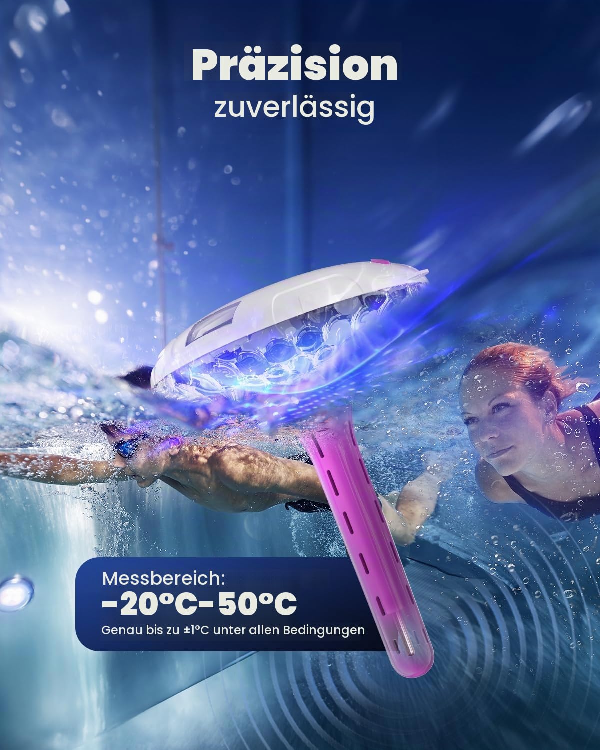 Solar Digital Pool Licht mit Dual LCD Bildschirmen, Leicht ablesbares Schwimmendes Poolthermometer mit 6 dynamischen Lichteffekten, IPX7 Wasserdicht Digital Thermometer (Marineblau)
