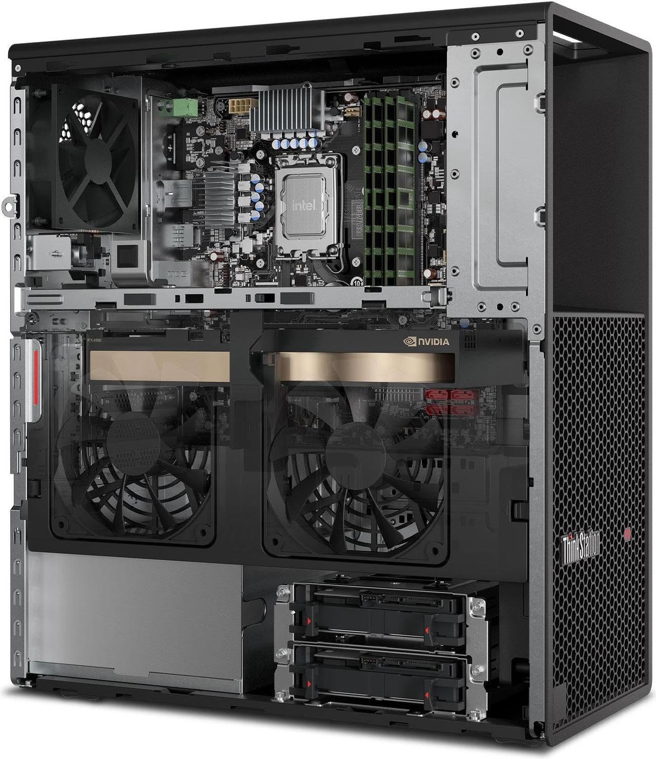 Indre view af Lenovo ThinkStation P3 Tower Workstation, der viser komponenter som CPU, RAM og GPU