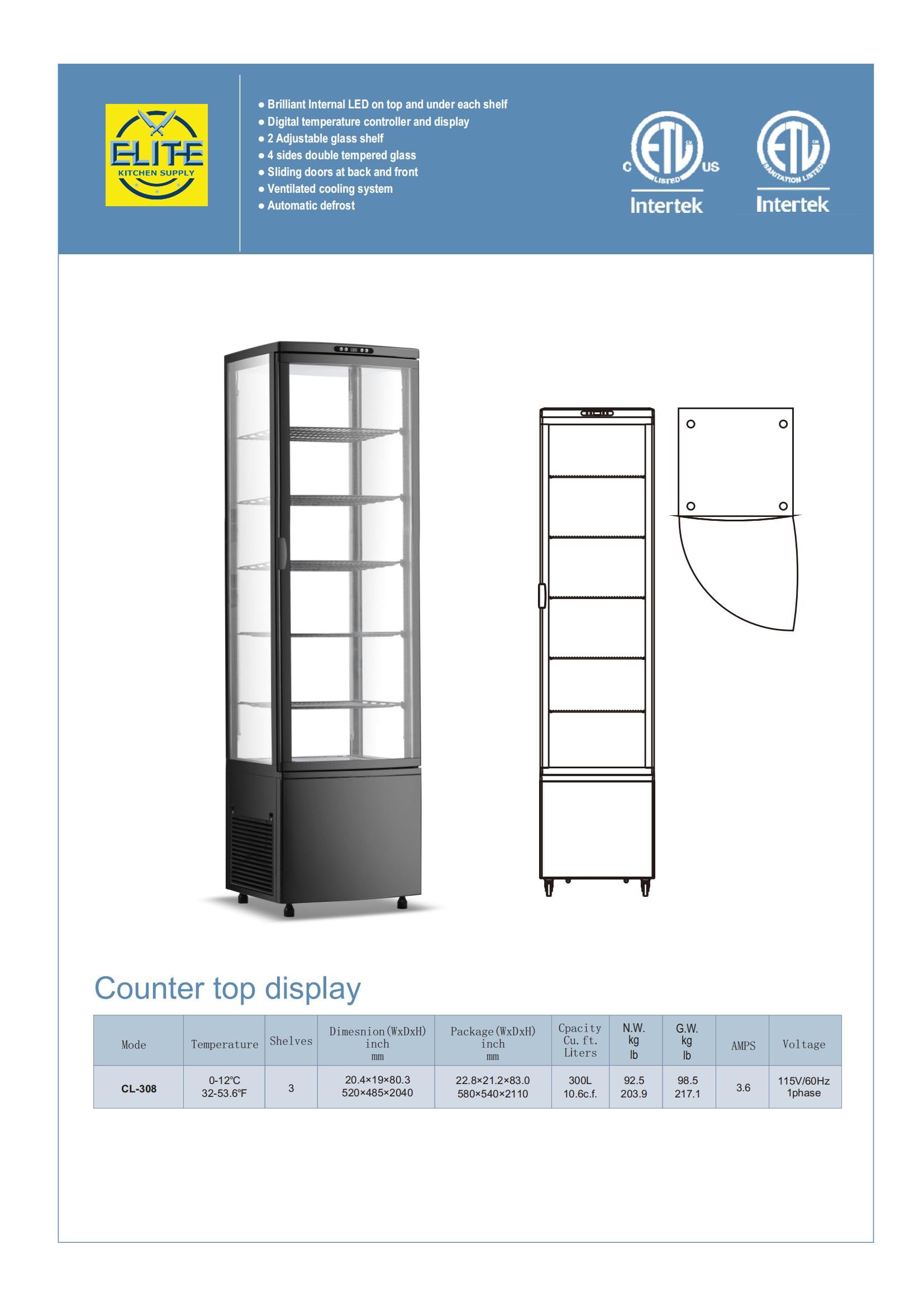 Commercial Display Refrigerator, ETL NSF Bakery Case 4 Sided Glass all Direction, Fridge Cooler Merchandiser, 80