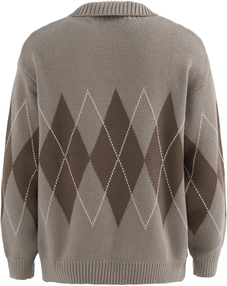 Bakyarder Men's Argyle Knit Polo Sweater Pullover Vintage Diamond Pattern Sweater with Collar