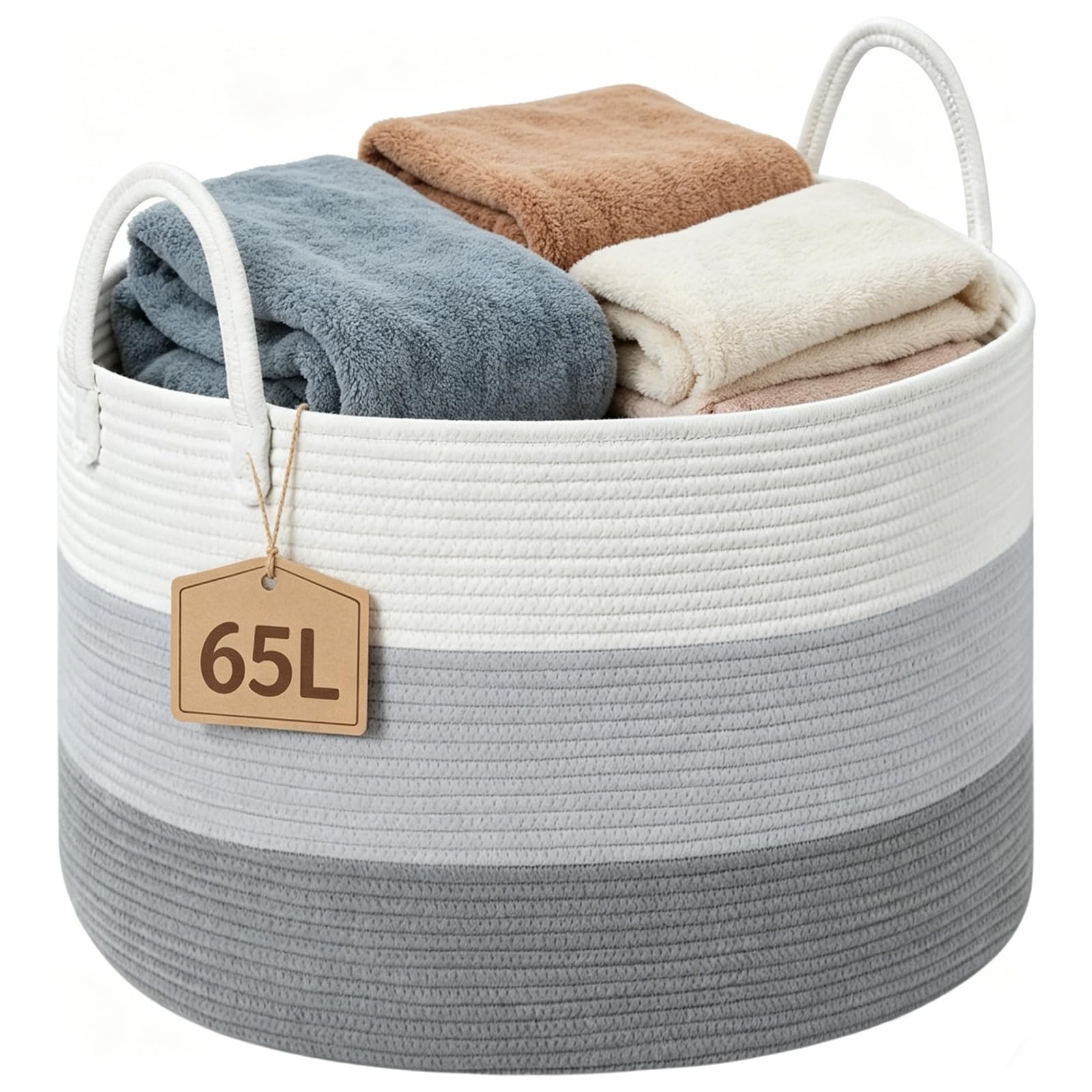 Laundry Basket Woven 65L Extra Large Rope Toy Basket for Kids Storage, Blanket Basket with Handle for Dog Toys, Durable Laundry Hamper for Baby Clothes Duvet Pillows Towels- 50x33cm - Grey