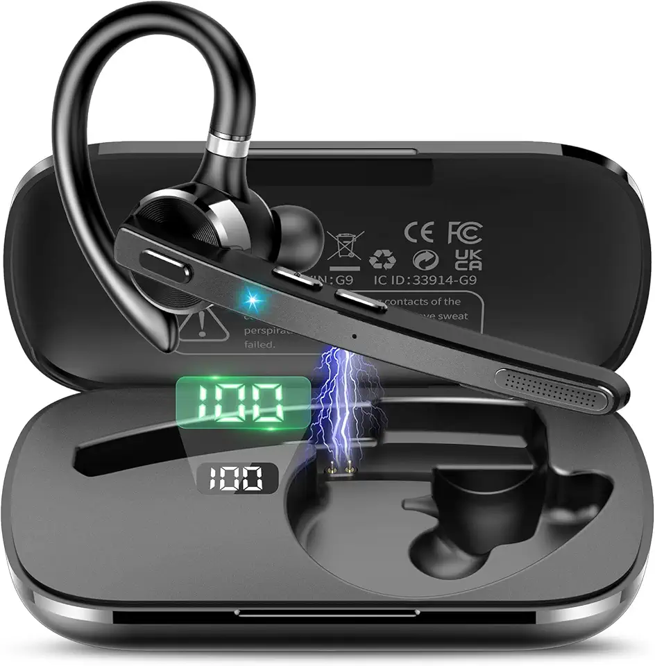 Thunelec Bluetooth 5.3 Headset, 90Hrs Dual Noise Cancelling Mics, Single-Ear Wireless Earpiece, Hands Free Headset with APTX HD Audio & Mute Button for Trucker/Office/Business, IPX7 Waterproof, Gray