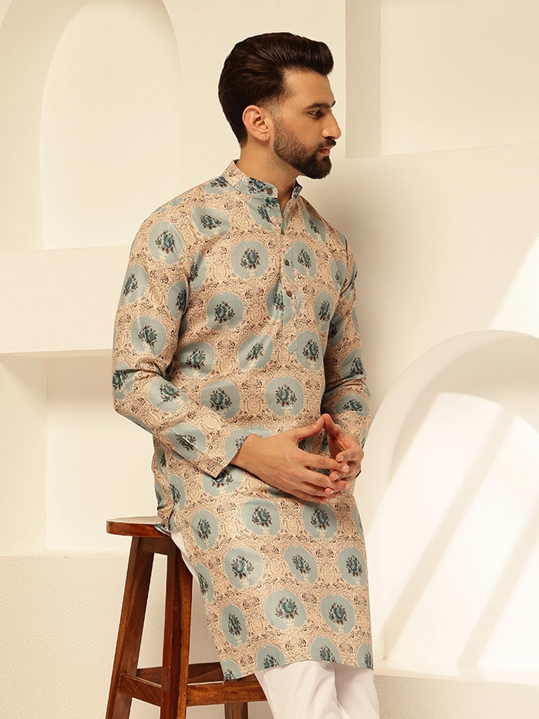 Sojanya (Since 1958 Men'S Cotton Linen Printed Long Kurta - Image 5