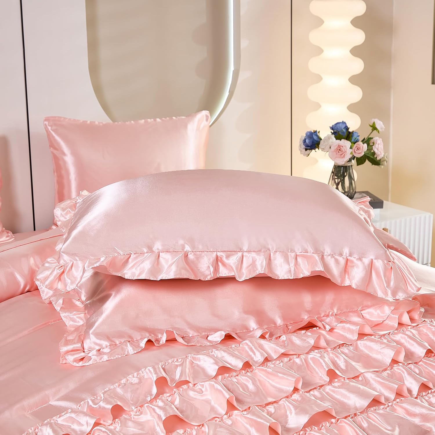 MOVE OVER Pink Satin Comforter Set King Size 8 Pieces Bed in a Bag Farmhosue Shabby Chic Waterfall Ruffle Comforter Set Luxury Silk Like Satin Bedding Set Boho Chic Satin Ruffled Comforter Sets - Image 6