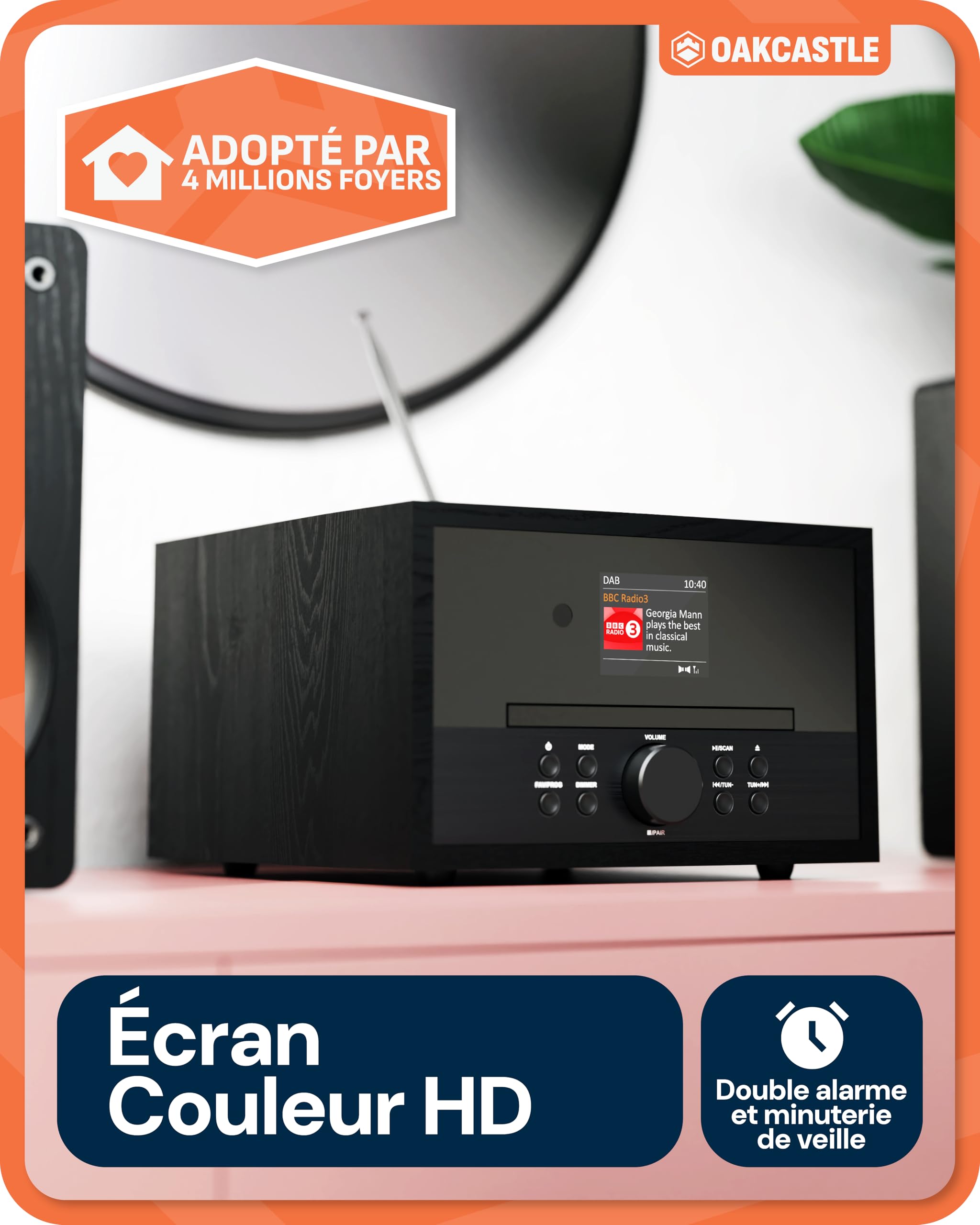 Mini Chaine HiFi, Lecteur CD avec Radio Plus, Haut Parleurs 60W Oakcastle | Haut-Parleurs, Radio Réveil Double Alarme, USB, AUX, MP3, Télécommande, Écran TFT
