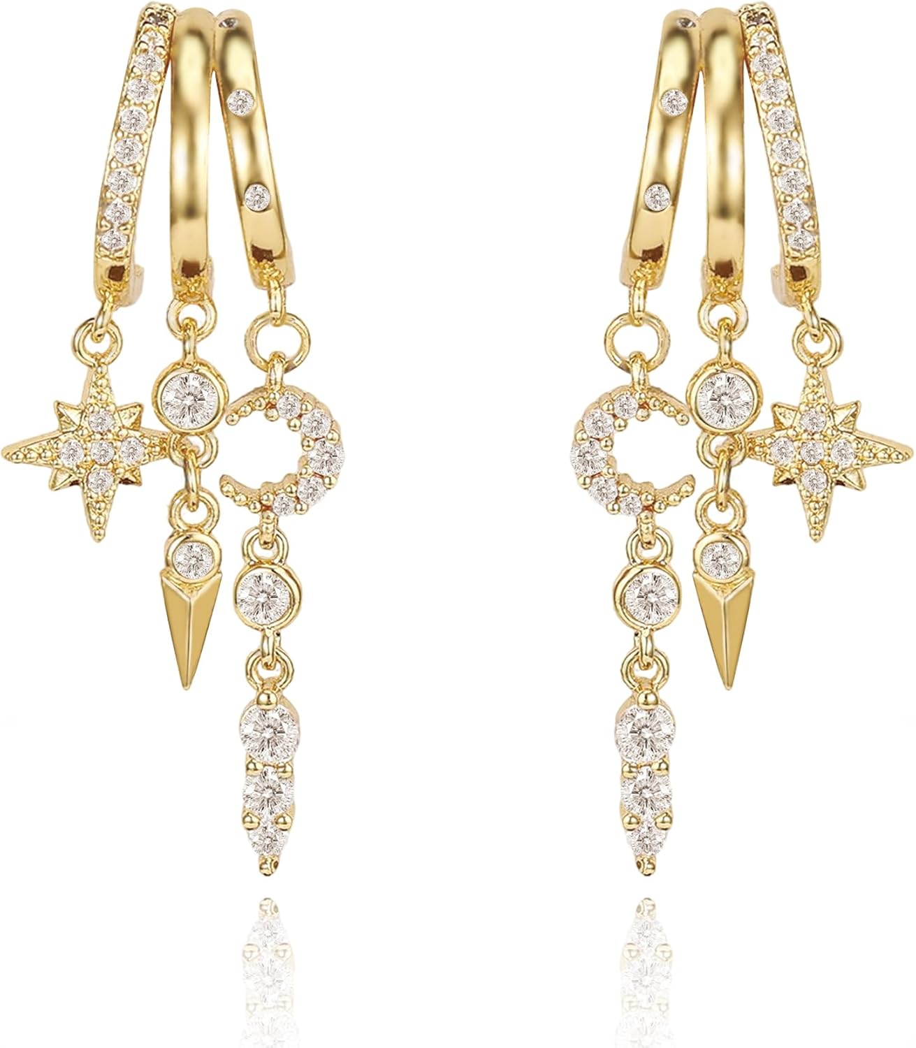 Medsor Gold Dangle Earrings for Women 14k Gold Plated Moon and Star Earrings Triple Huggie Hoop Earrings for Women Dainty Trendy Stud Jewelry