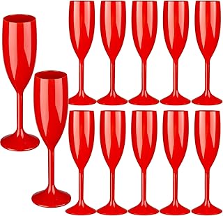 12pcs Red Champagne Flutes,6OZ Acrylic Champagne Glasses Plastic Goblets Wine Mimosa Glasses Wedding Toasting Shatterproof Reusable Vintage Champagne Flute Drinking Cups for Bridal Christmas Party