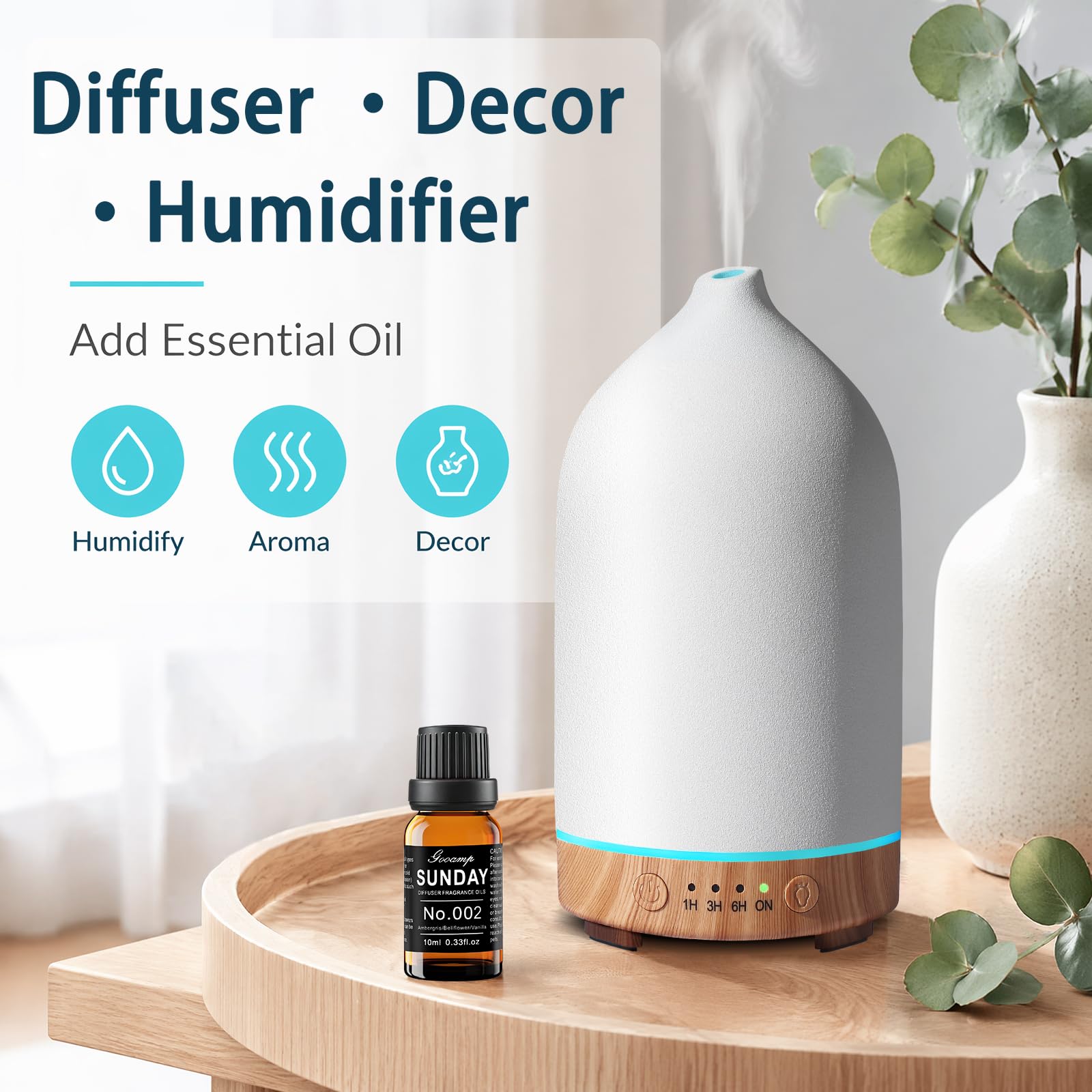 Gooamp Diffusore di oli essenziali in ceramica da 200 ml (set da 2) – Aromaterapia ad ultrasuoni e umidificatore con luci LED a 7 colori, spegnimento automatico, base con venature del legno, timer 1H
