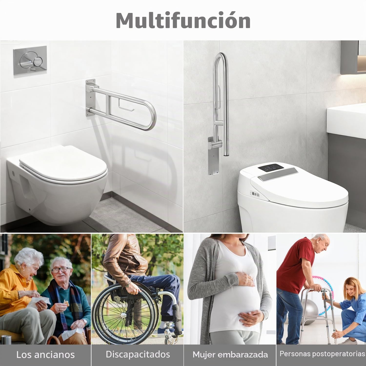 Barra Baño Minusválido 60cm con Portarrollos, Agarrador Ducha | Asidero Baño Personas Mayores, Acero Inoxidable, Soporta Hasta 350kg para Ducha y WC