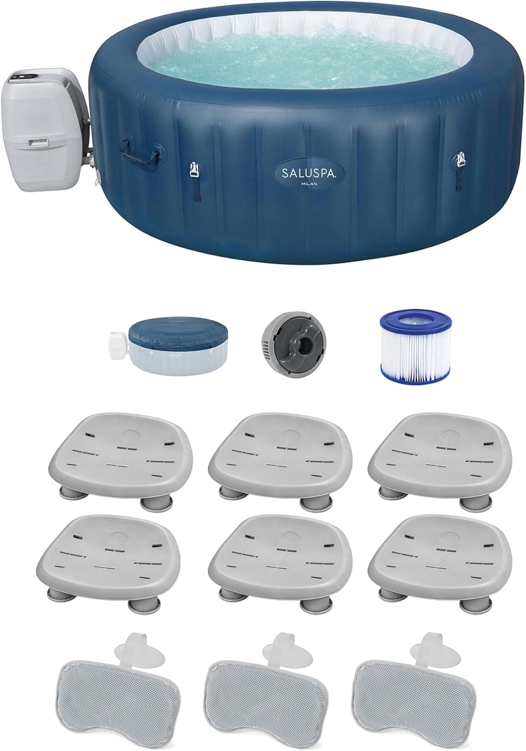 Bestway SaluSpa Milan AirJet Inflatable Hot Tub with Set of 6 Underwater Non Slip Pool and Spa Seat and Padded 3 Pack Headrest Pillows, Gray