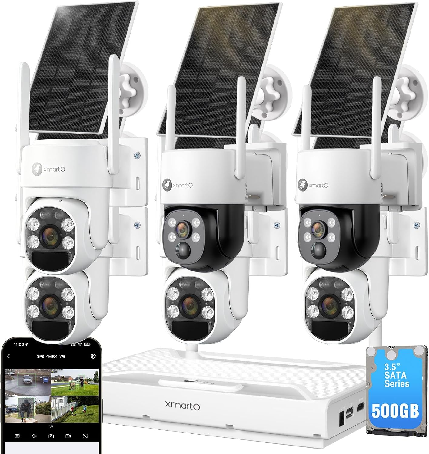 xmartO PTZ Wire-Free Solar Security Camera System, 6-Cam Kit AI Tracking