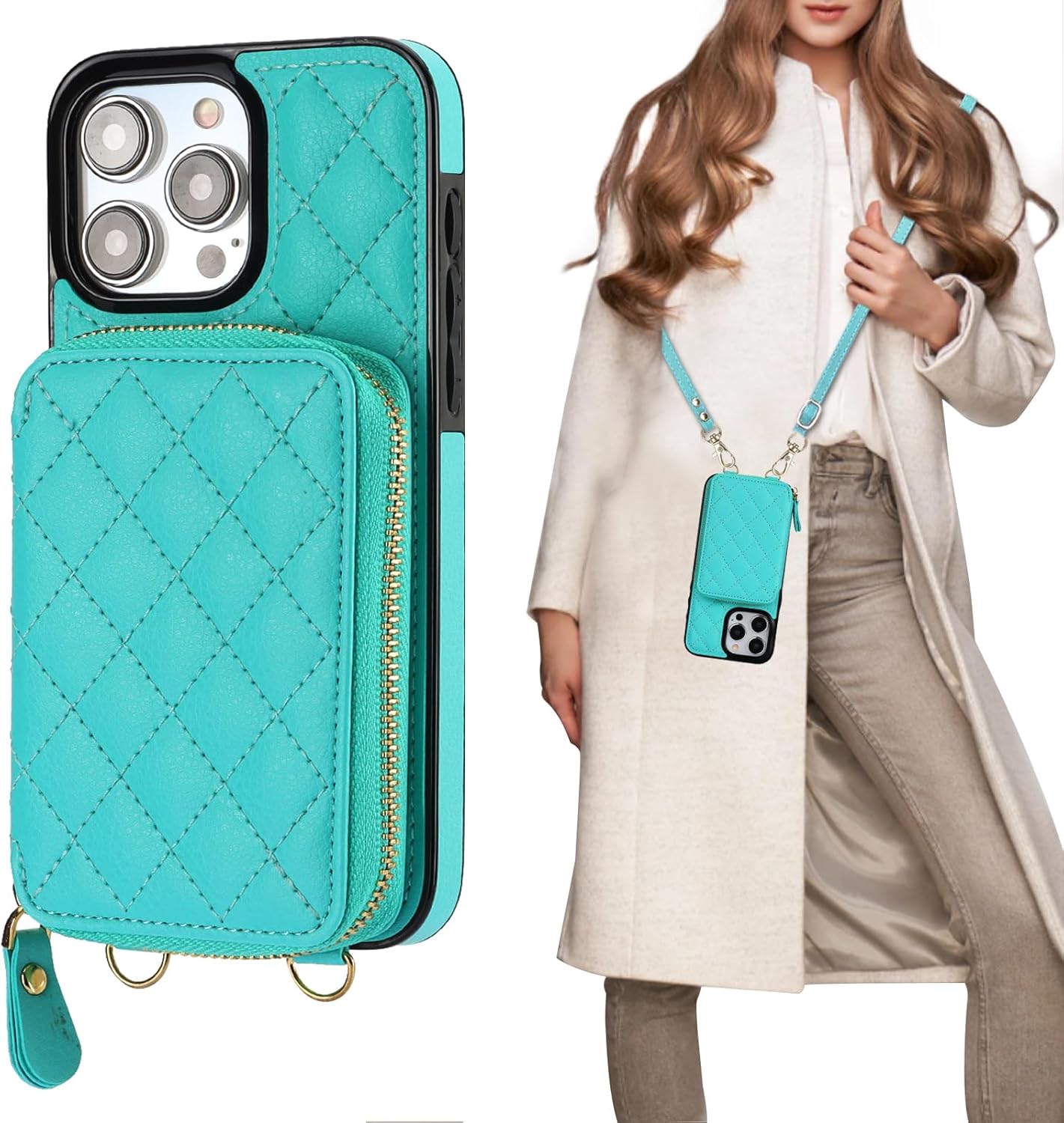 Bocasal Crossbody Wallet Case for iPhone 15 Pro Max, RFID Blocking PU Leather Zipper Handbag Purse Flip Cover, Kickstand Folio Case with Card Slots Holder Wrist Strap Lanyard 5G 6.7 Inch (Mint Green)