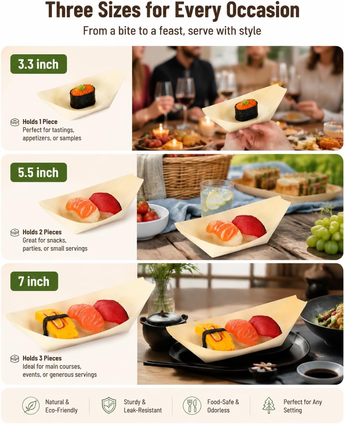 jojofuny 150pcs Disposable Bamboo Sushi Boat Plates Mini Wooden Food Trays