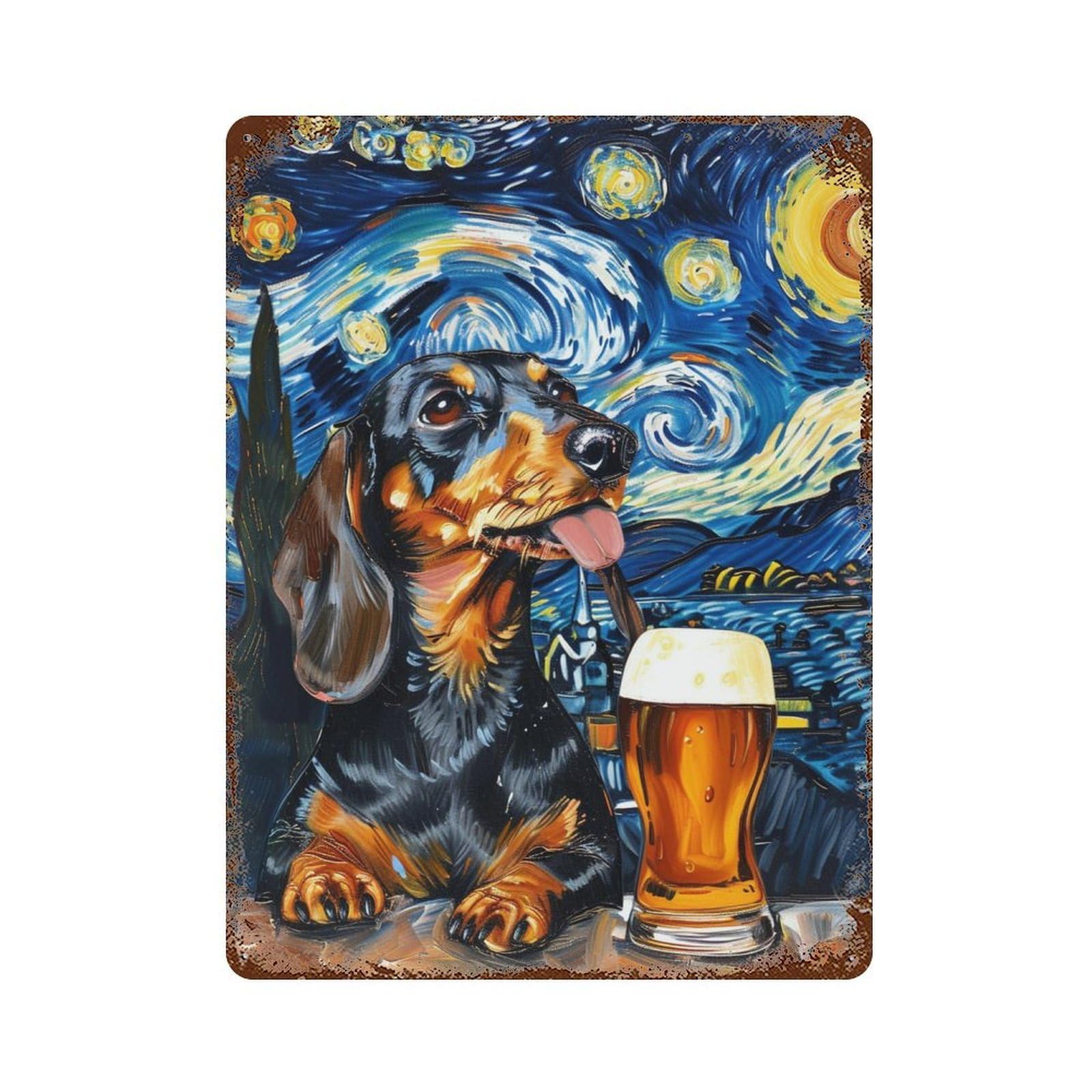 Rustic Tin Plaque with Dachshund with Beer Glass Design 15.7"x11.8", for Pub, Kitchen And Man Cave Decor, Old School Wall Decor