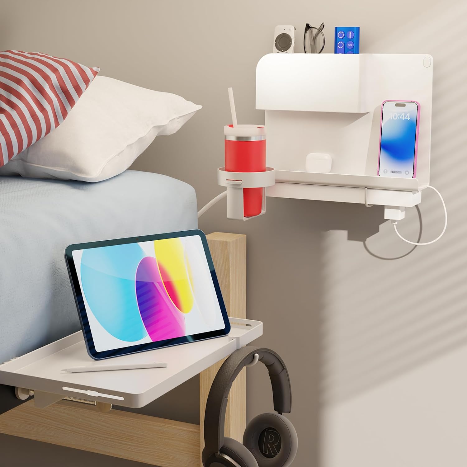 BedShelfie White 2-Pack: WallShelfie & BedShelfie - Bedside Wall Organizer with Bedside Shelf for Dorm Room Bunk Bed & Top Bunk Bundle - Room Decor, Dorm Room Essential, Clip on Floating Tray