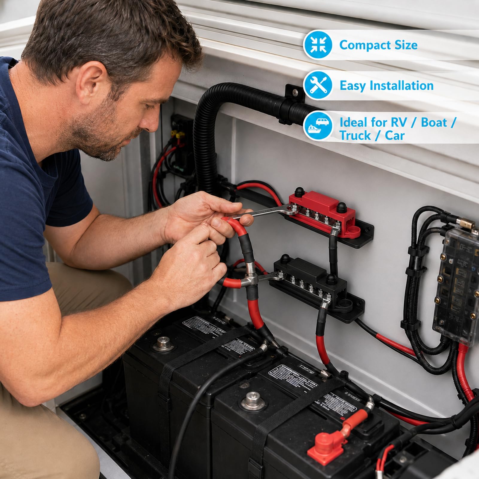 Busbar 12V, Bornier 12V, 2 pièces Bus Bar 250A, Bloc Distribution Camion, Bornier 4 Bornes M8, Bloc de Jonction de Batterie Robuste avec Couverclepour Voiture, Camion, Bateau, Solaire