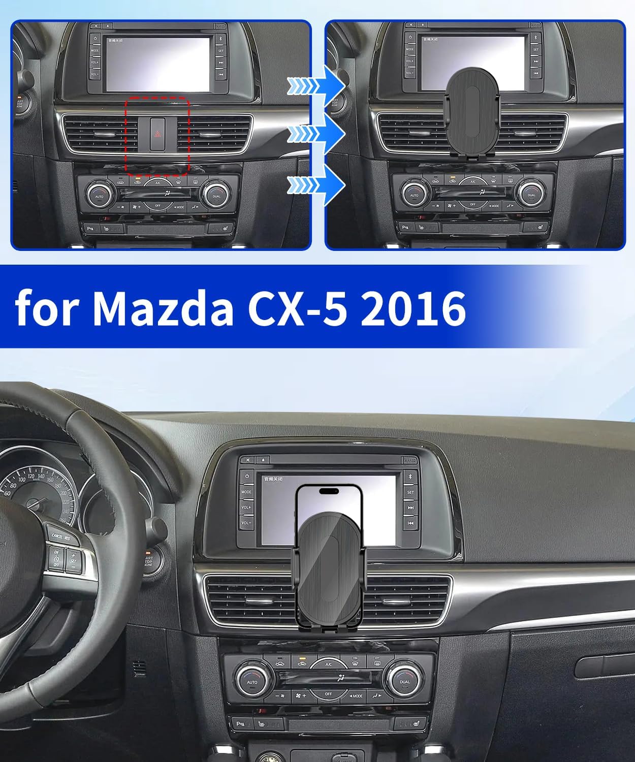 Car Phone Holder for Mazda CX-5 2016 Auto Accessories，One Hand Place & Pick，360° Rotation，Hands Free，for 4.7-7 inch Phones