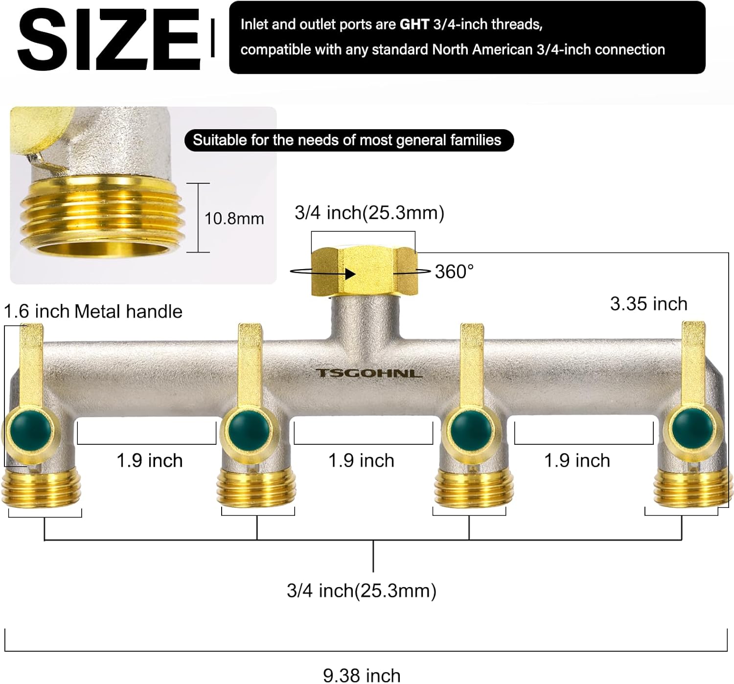 Brass Garden Faucet Splitter, 4-Way Hose Splitter with 4 Extended Metal Handles, Outdoor Hose Divider, Heavy Duty Nickel Plated, GHT 3/4-Inch Heavy Duty Hex Female Inlet and 3/4-Inch Male Outlet