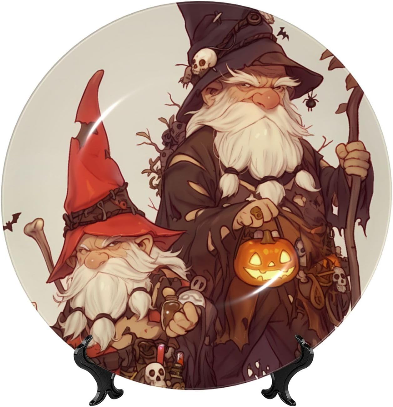 Dwarf Wizard Duo Tall Short 4-Size Elegant Bone China Decorative Plates For Wall Hanging & Table Display - Home & Office Decor With Stand, Hooks Adhesive