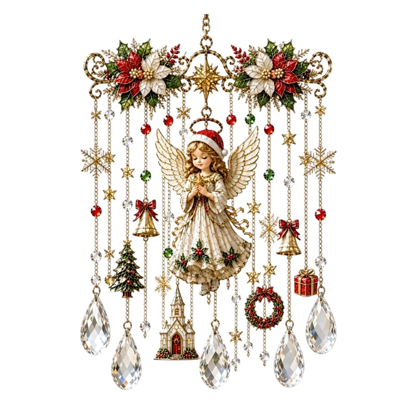 Handmade Christmas Window Hanging, 3D Sparkling Christmas Stained Glass Style Sun Catcher, Santa Reindeer Holiday Wind Chime with Crystal Drops, Festive Holiday Ornament Decor for Home Tree，#B