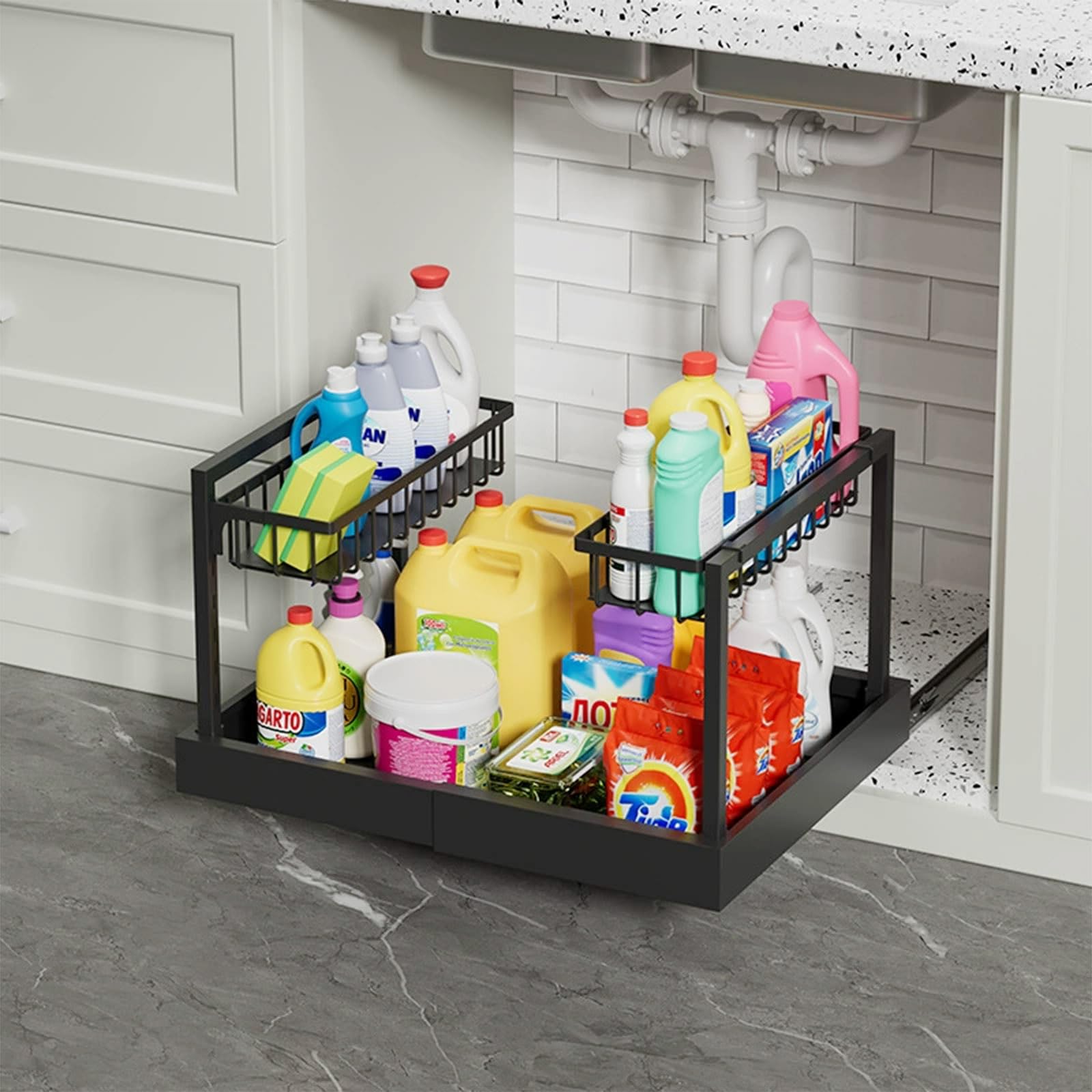 TWSOUL Organizador de armario extensible de 2 niveles debajo del lavabo, organizador de cocina, longitud extensible de 32 a 52 cm, para armario y baño, sistema de organización de armario