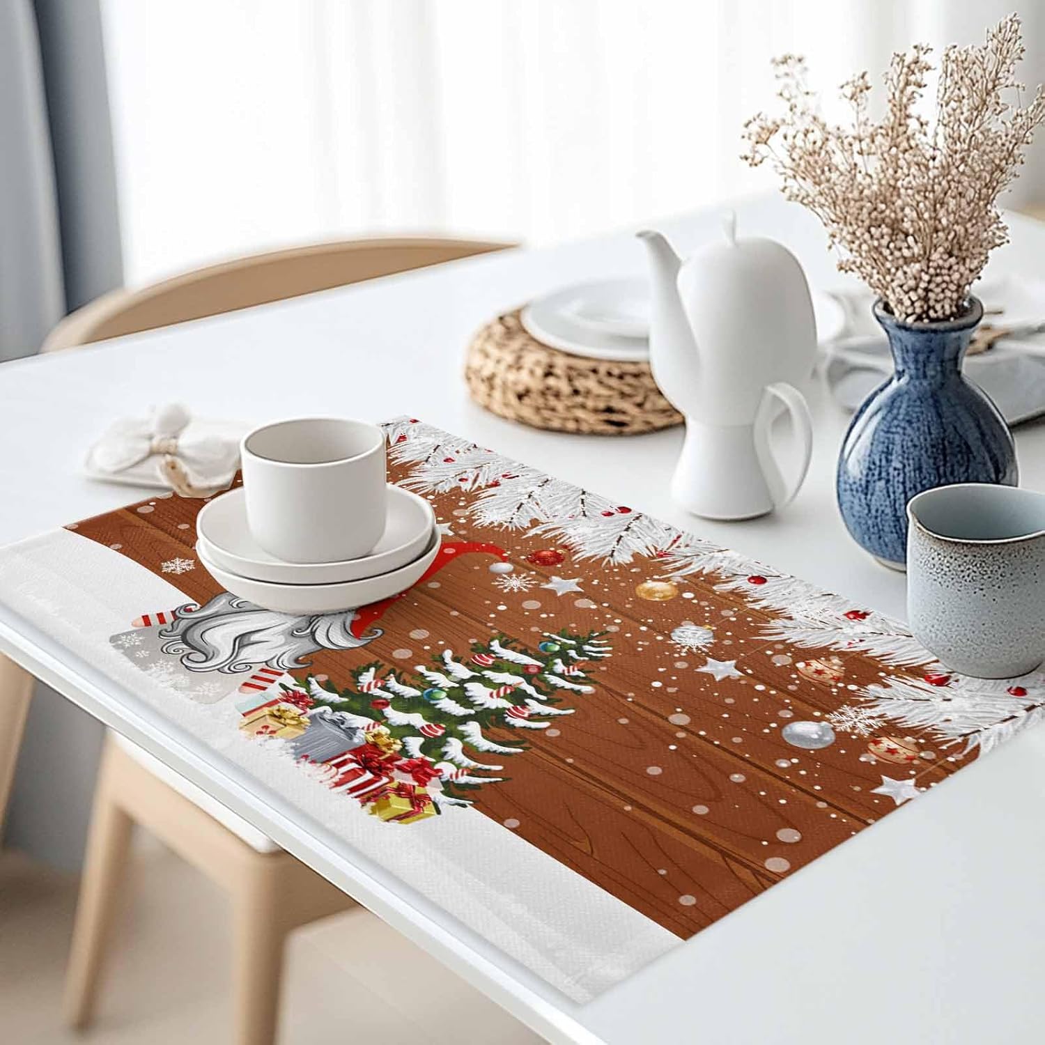 Winter Christmas Brown Placemats Set of 4, Washable Cotton Linen Table Mats for Kitchen Dining Table, Heat Insulation Place Mats for Indoor Outdoor Parties, Holiday Decorations