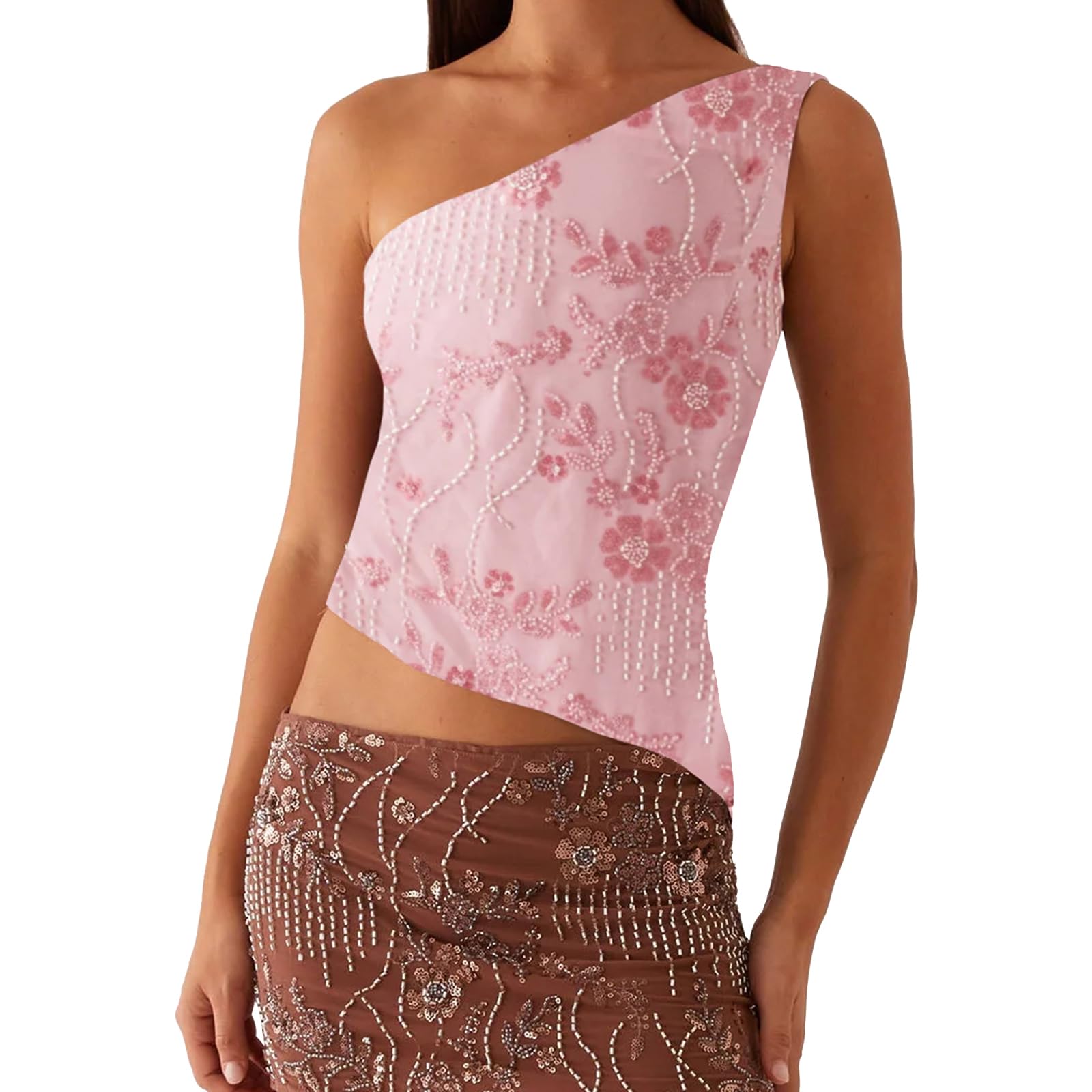 Women Sequin Beaded Cami Tops Sparkly Halter Neck Crop Tank Tops Rhinestone Embellished Cross Tie Backless Summer Vest Camisole (Z185724-Pink, M)