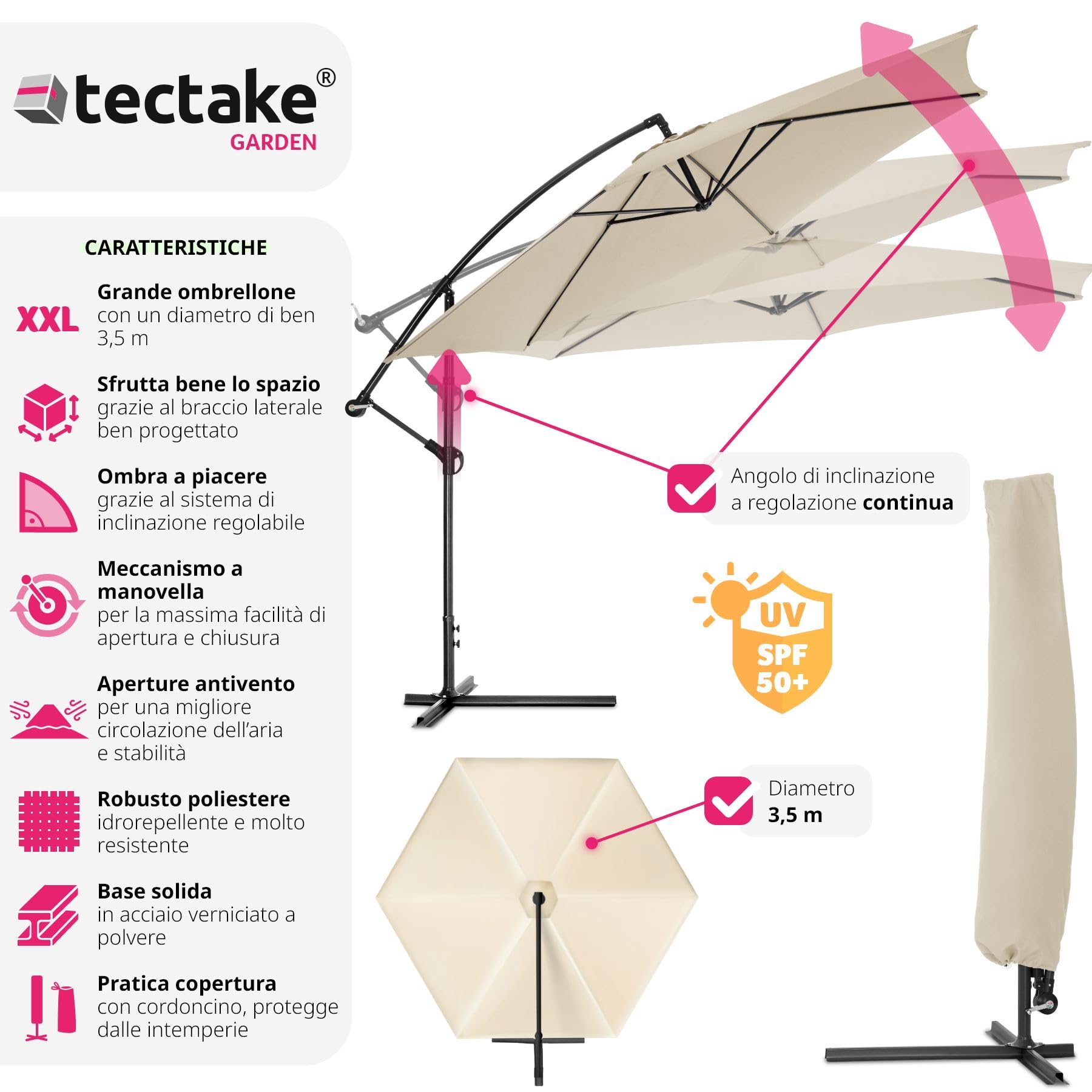tectake® Ombrellone da Esterno con Robusta Struttura di Sostegno, Inclinabile, Idrorepellente, Resistente ai Raggi UV, Custodia Ombrellone da Giardino Inclusa